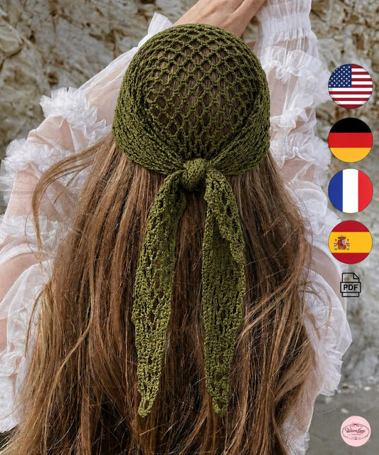 Crochet Bandana Pattern PDF | Mesh Boho Headscarf | 4 Languages En De Fr Es | Summer Hair Scarf Head Wrap Instant Download