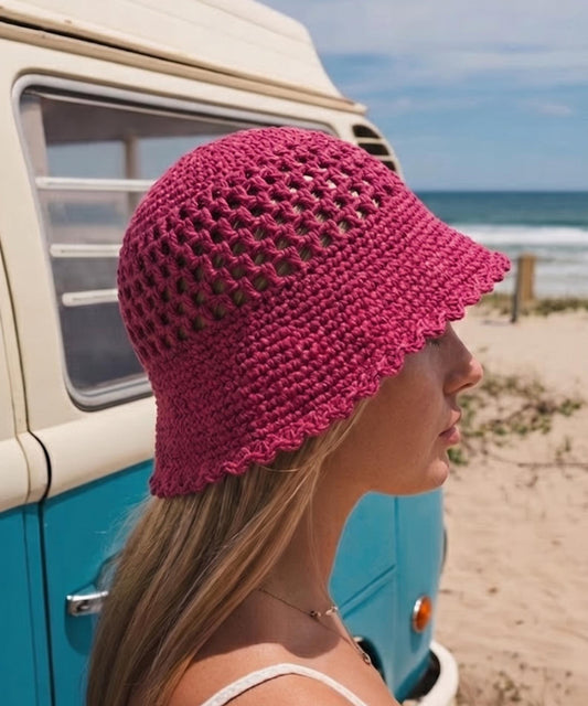 Crochet Bucket Hat Pattern PDF | Mesh Lace Sun Hat | Easy Summer Beach Hat | Adult Child Custom Size Scallop Brim Instant Download