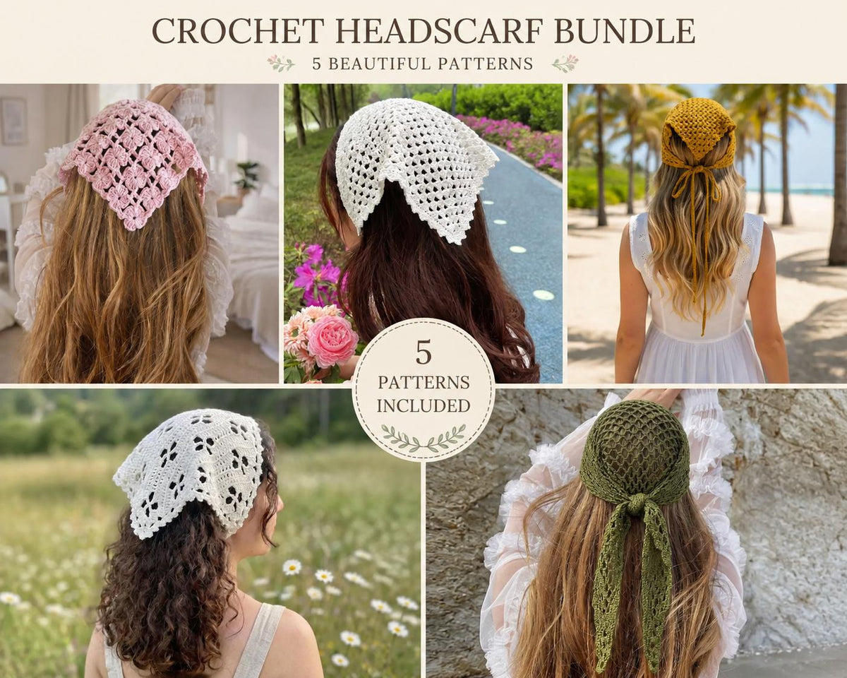 Crochet Bandana Pattern PDF Bundle | 5 Boho Head Scarf Patterns | Summer Crochet Headband Hair Scarf | Instant Download