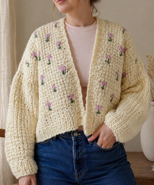Crochet Cardigan Pattern PDF | Chunky Floral Cardigan | Embroidered Flower Sweater | Cozy Cottagecore Spring Boho Instant Download