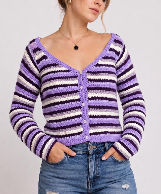 Crochet Cardigan Pattern PDF | Striped Button Fitted Top | Boho Summer Crochet | Long Sleeve Crochet Top | Beginner Instant Download