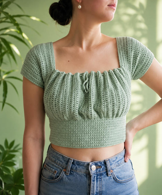Crochet Crop Top Pattern PDF | Square Neck Puff Sleeve Top | Cottagecore Milkmaid Blouse | Boho Summer Crochet Instant Download